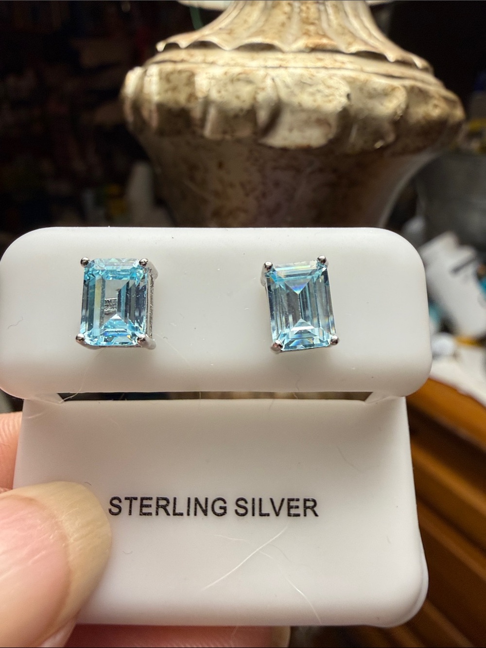 925 Sterling Silver Aquamarine Blue Emerald-Cut Stud Earrings NEW